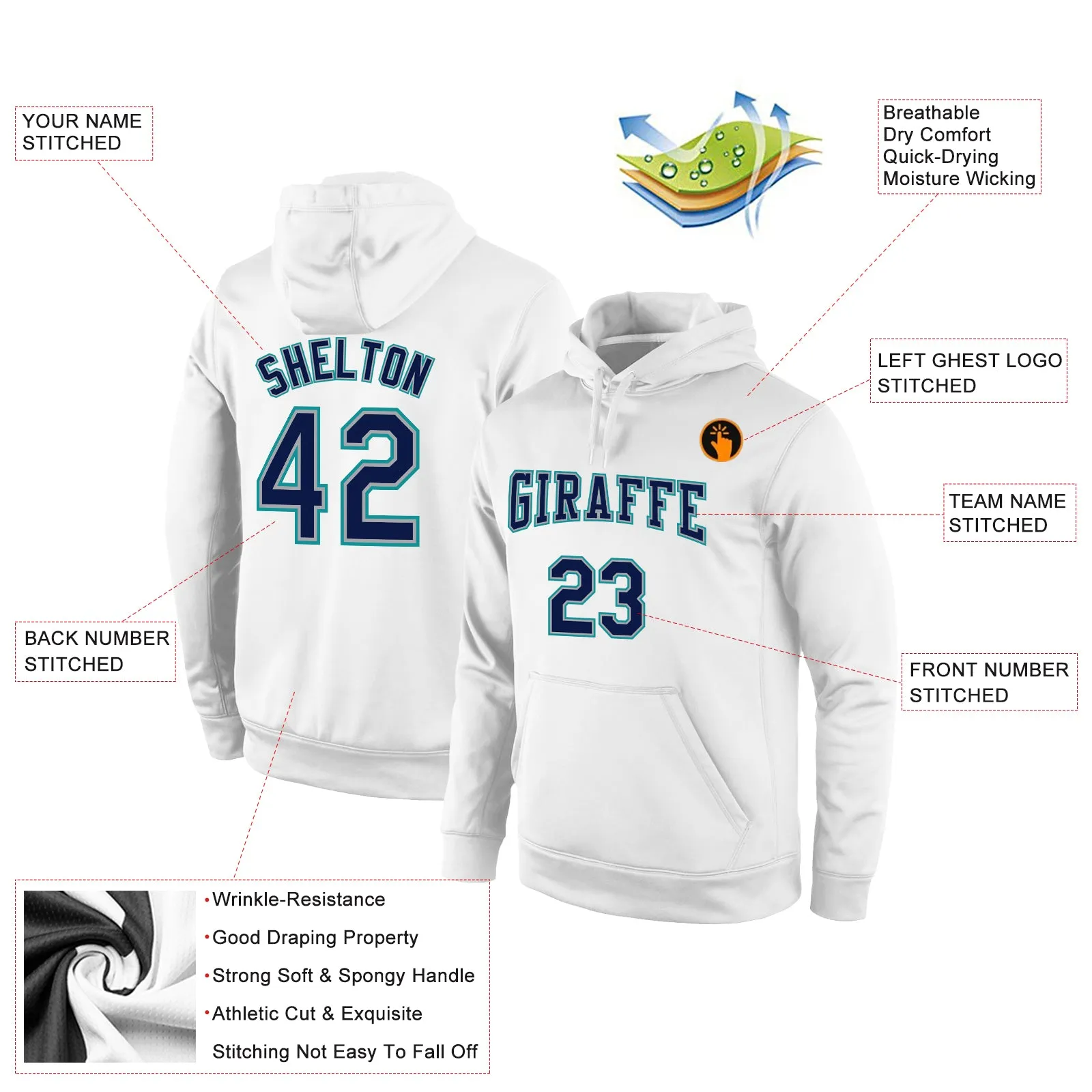 Custom Stitched White Gray-Light Blue Sports Pullover Sweatshirt Hoodie