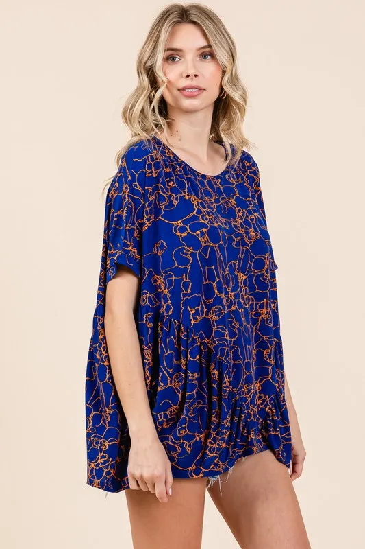 Dark Blue Abstract Print Round Neck Short Sleeve Top