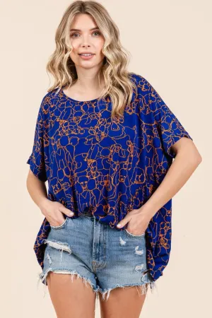 Dark Blue Abstract Print Round Neck Short Sleeve Top