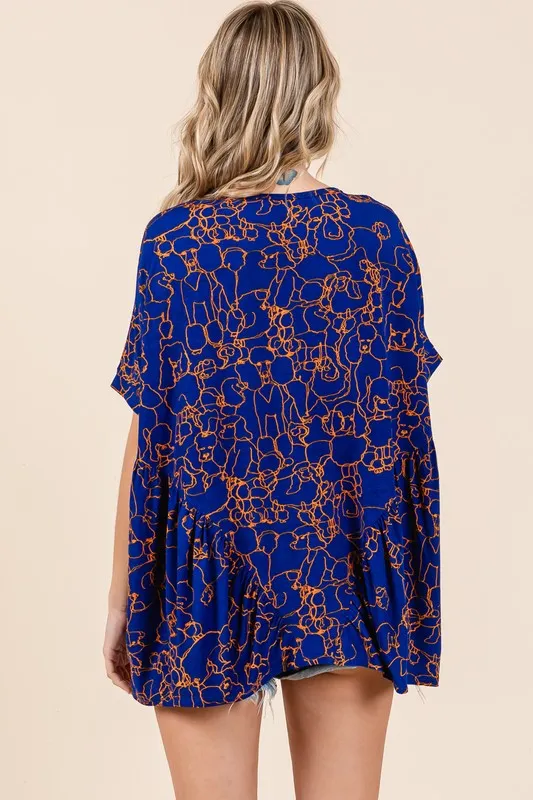 Dark Blue Abstract Print Round Neck Short Sleeve Top