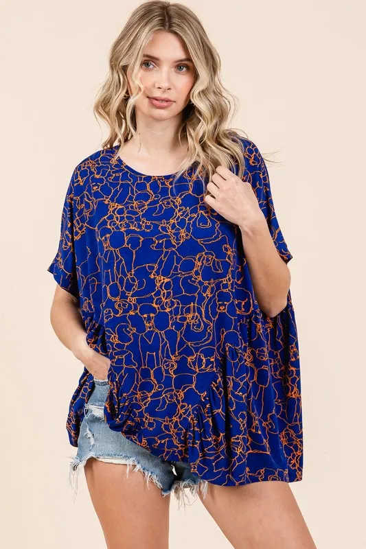 Dark Blue Abstract Print Round Neck Short Sleeve Top