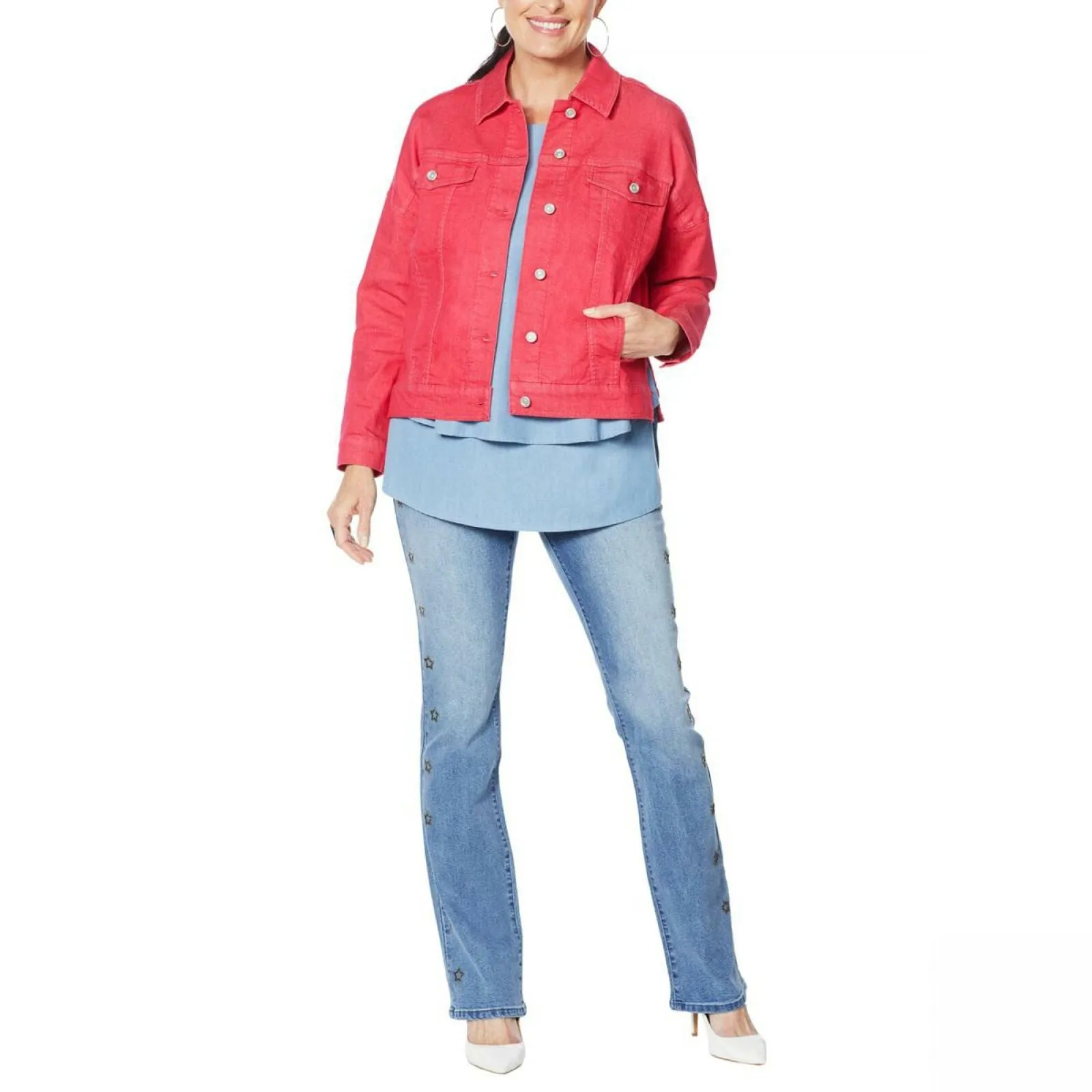 DG2 by Diane Gilman Women's Fringed Star Stretch Denim Jean Jacket