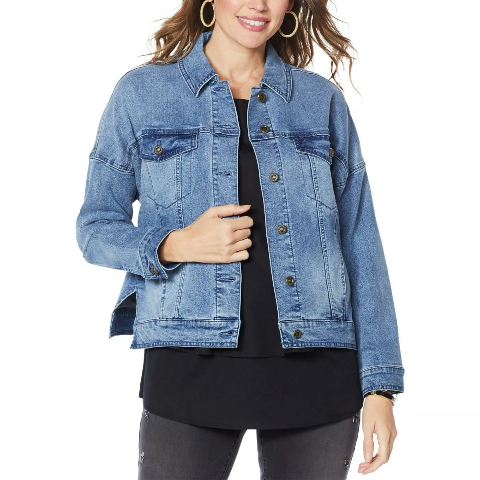 DG2 by Diane Gilman Women's Fringed Star Stretch Denim Jean Jacket