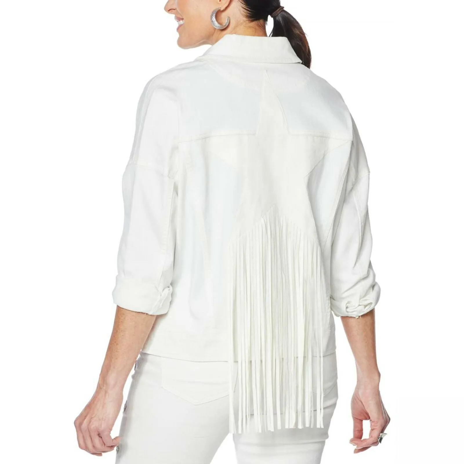 DG2 by Diane Gilman Women's Fringed Star Stretch Denim Jean Jacket