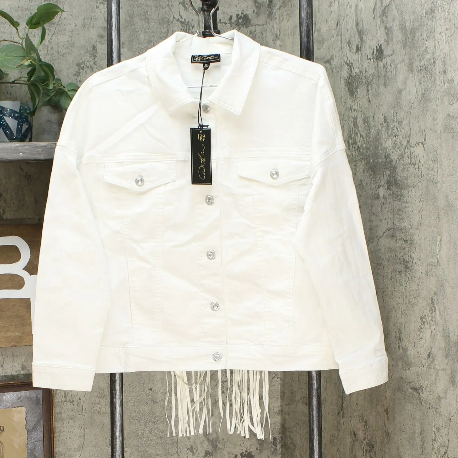 DG2 by Diane Gilman Women's Fringed Star Stretch Denim Jean Jacket
