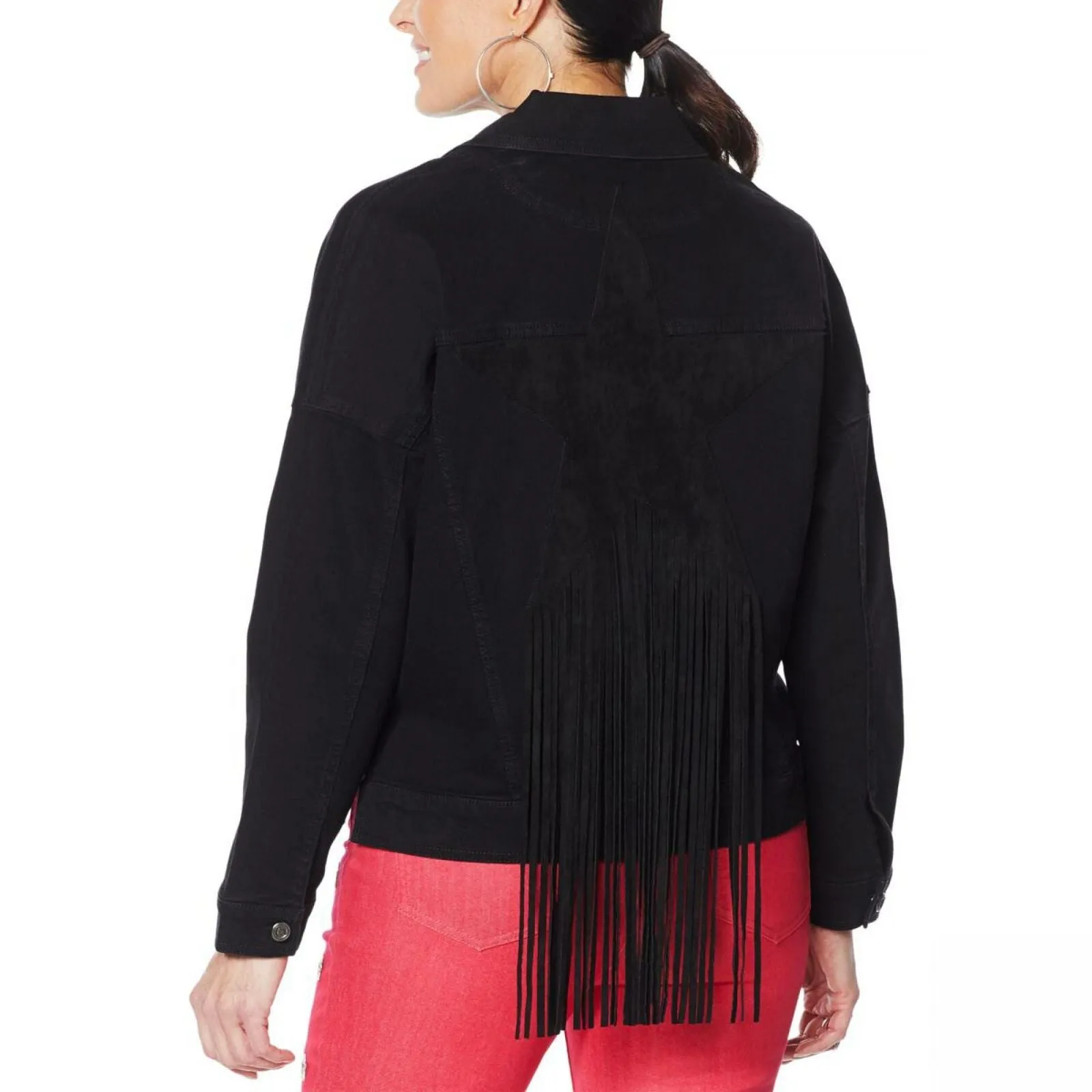 DG2 by Diane Gilman Women's Fringed Star Stretch Denim Jean Jacket