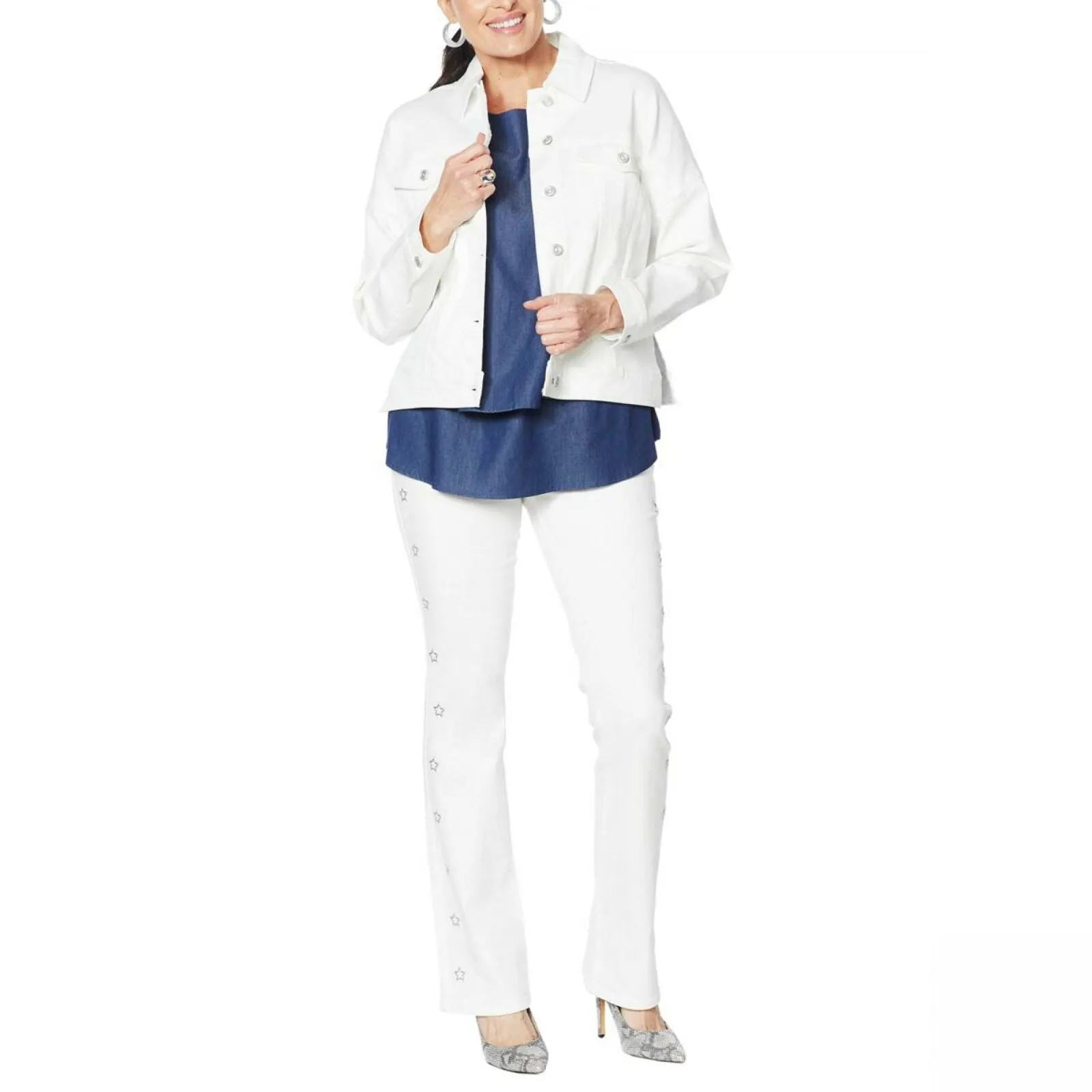 DG2 by Diane Gilman Women's Fringed Star Stretch Denim Jean Jacket