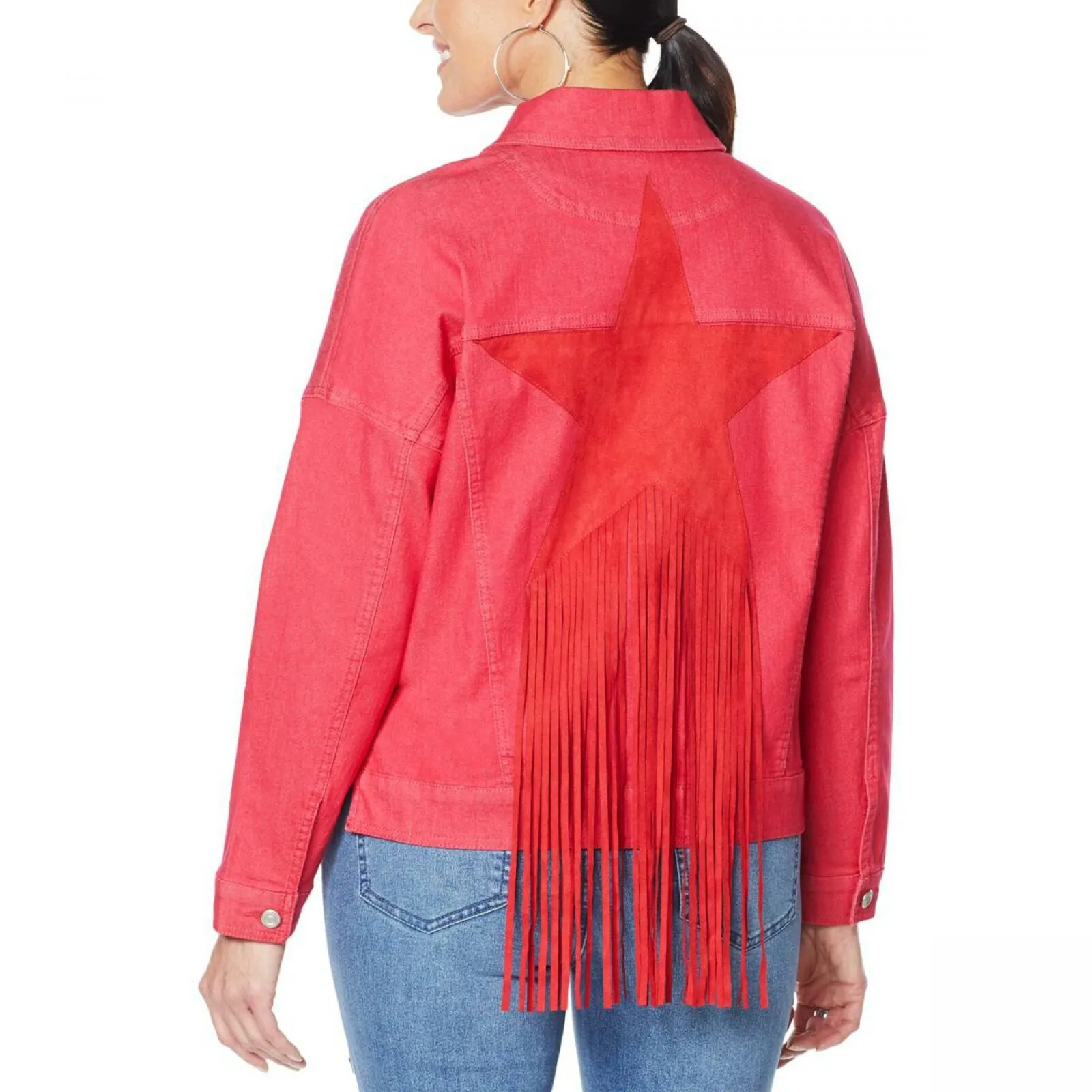 DG2 by Diane Gilman Women's Fringed Star Stretch Denim Jean Jacket