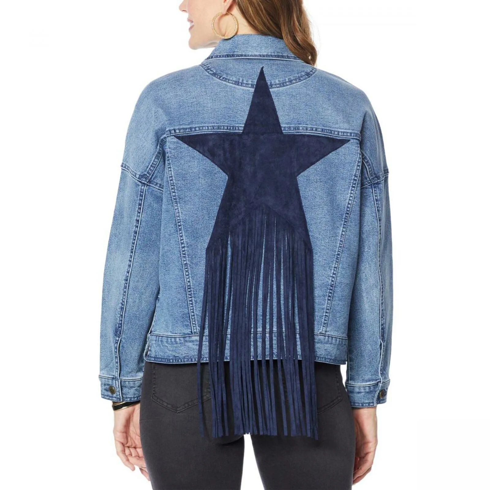 DG2 by Diane Gilman Women's Fringed Star Stretch Denim Jean Jacket