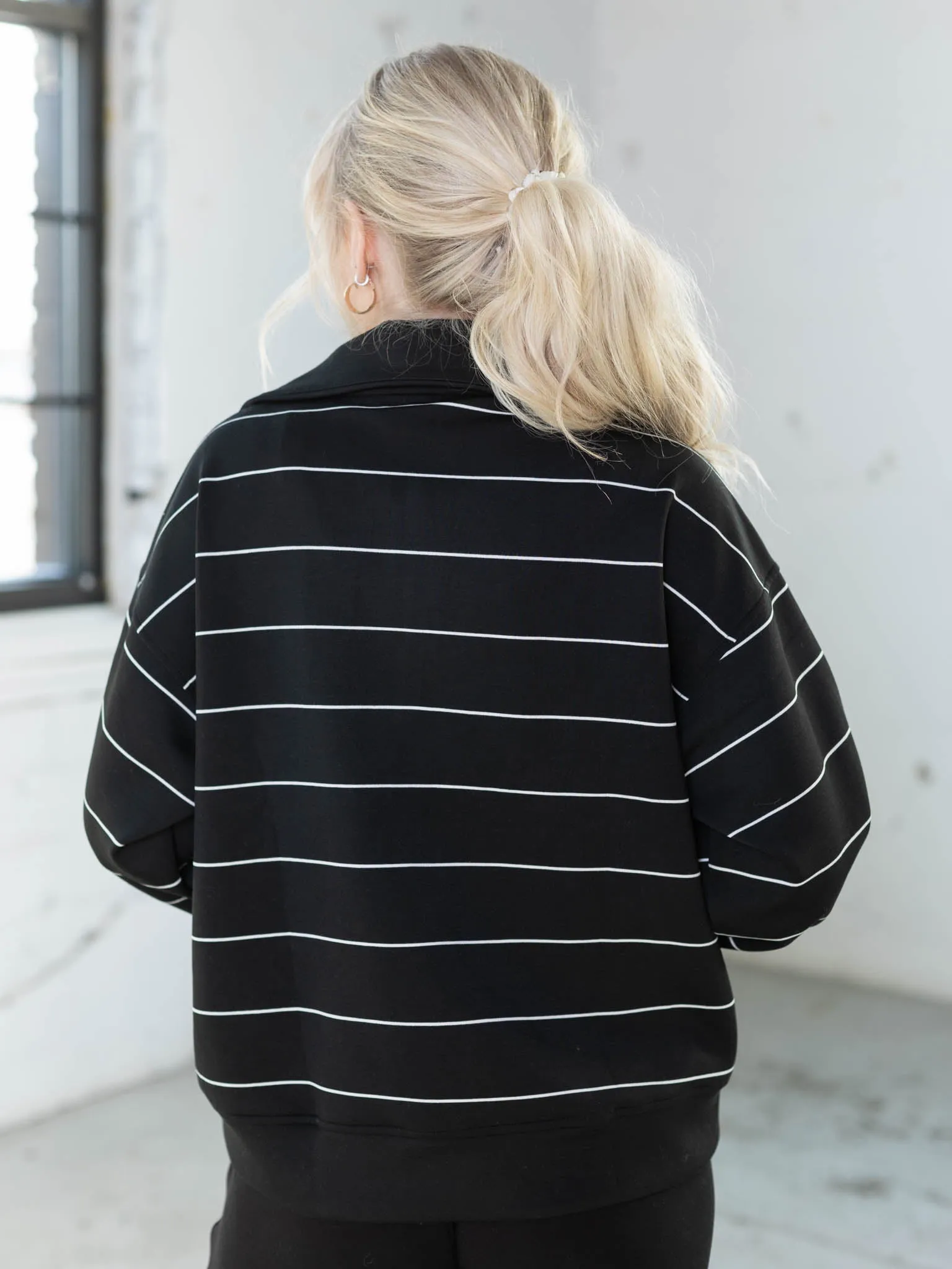 DoubleLUXE Stripe Quarter Zip Mock Neck Pullover