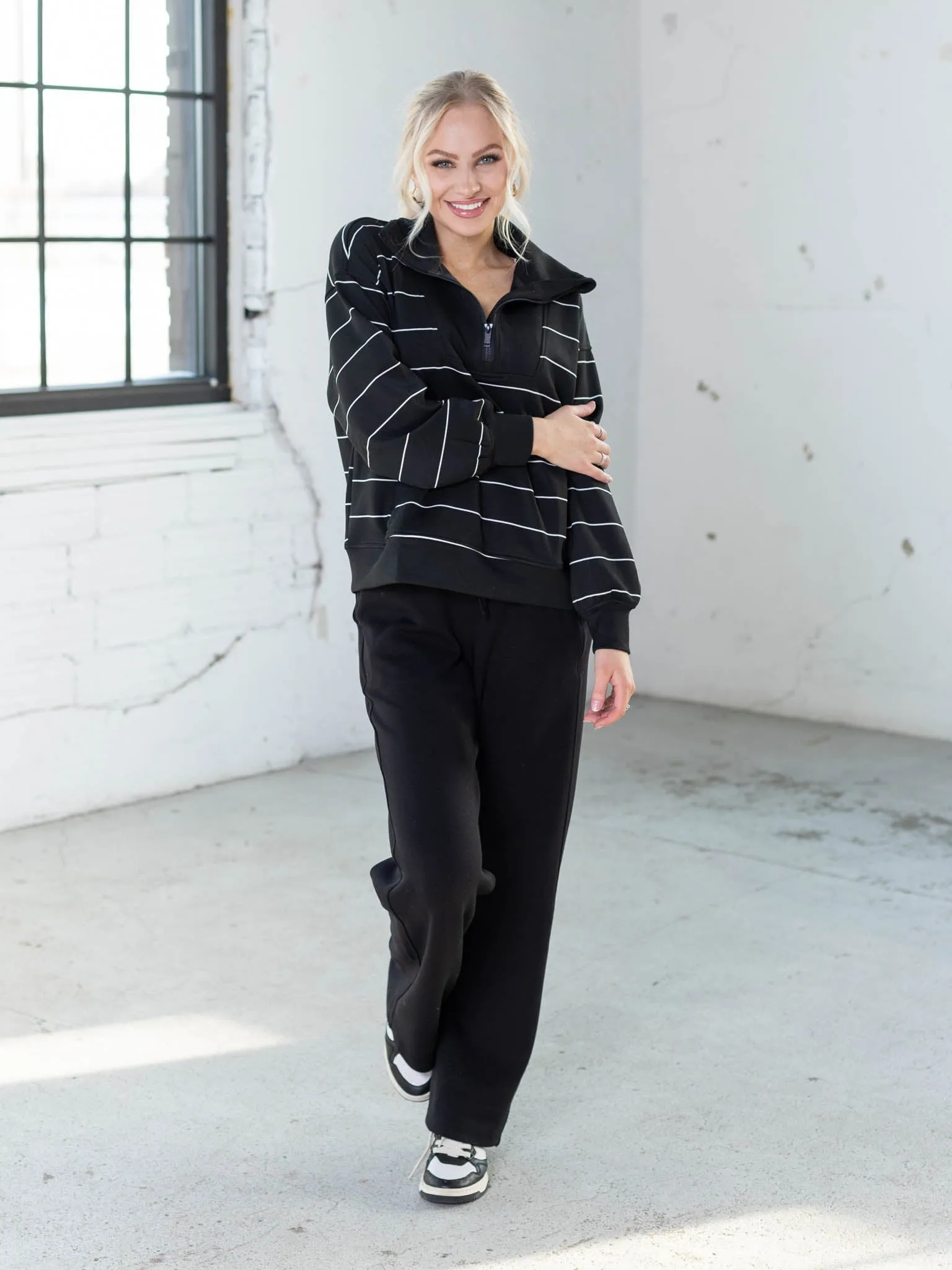 DoubleLUXE Stripe Quarter Zip Mock Neck Pullover
