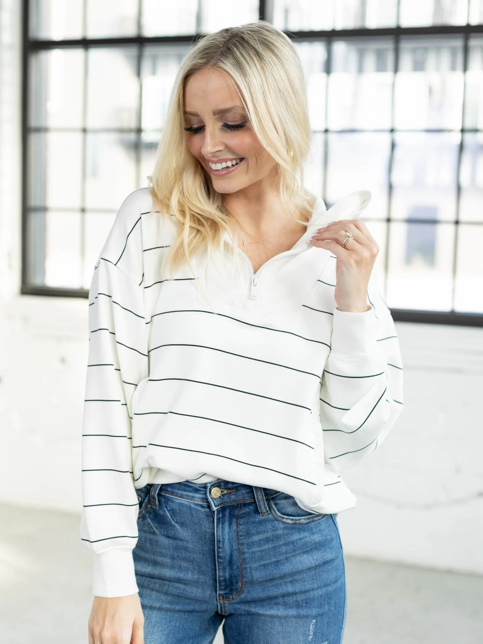 DoubleLUXE Stripe Quarter Zip Mock Neck Pullover