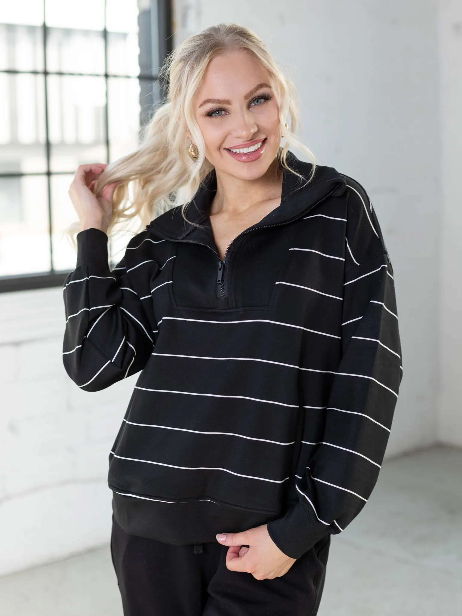 DoubleLUXE Stripe Quarter Zip Mock Neck Pullover