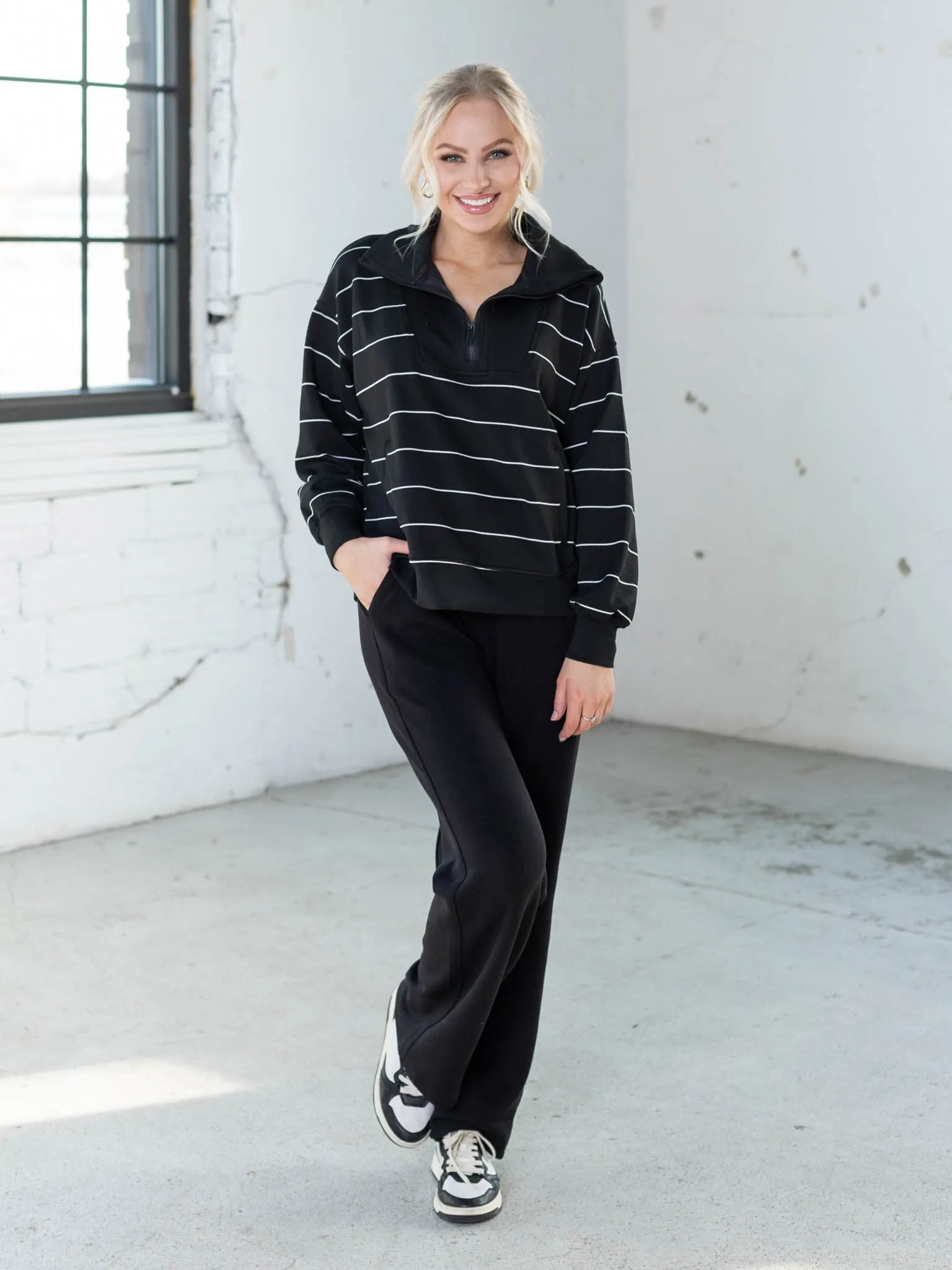DoubleLUXE Stripe Quarter Zip Mock Neck Pullover
