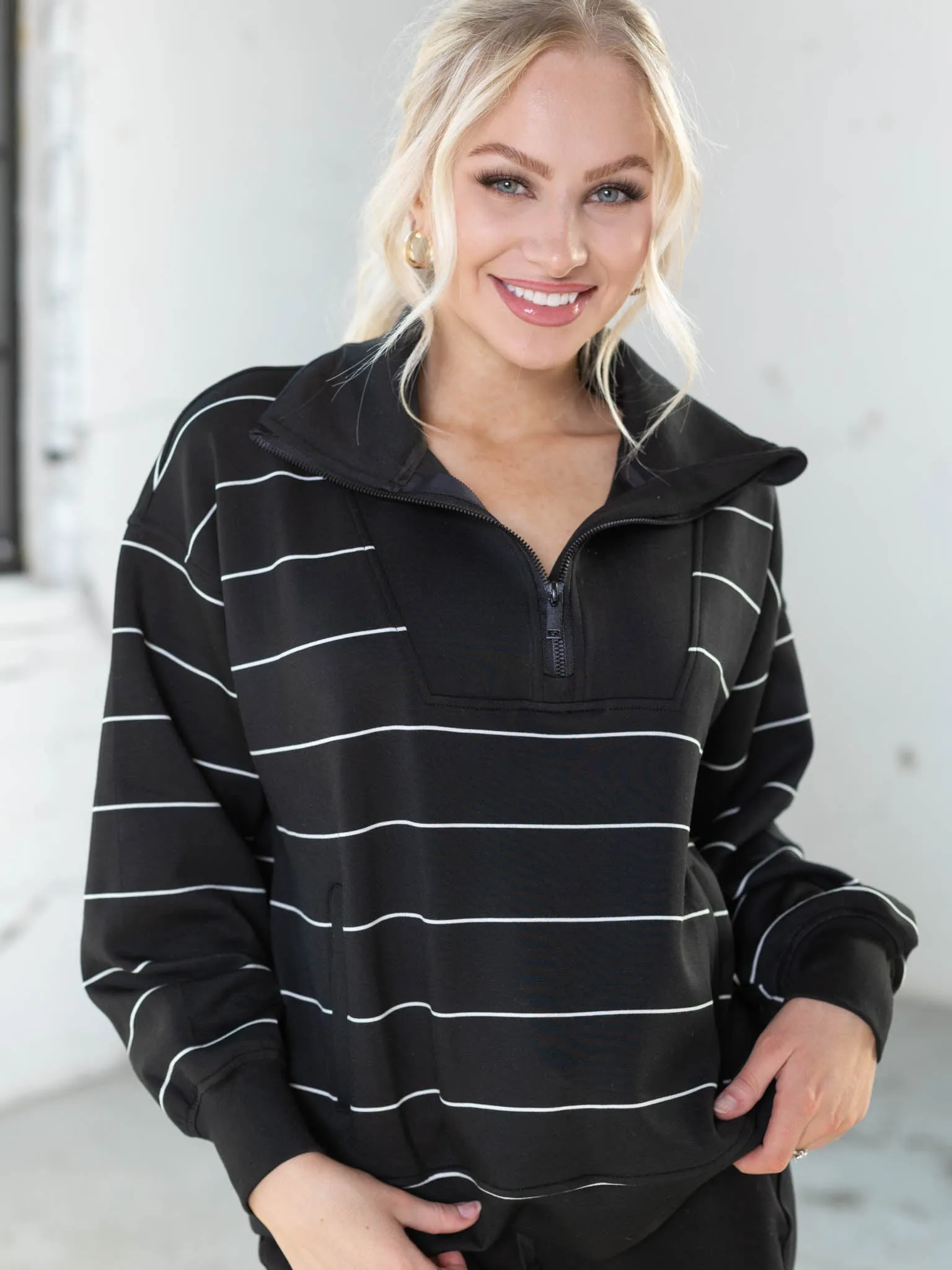 DoubleLUXE Stripe Quarter Zip Mock Neck Pullover