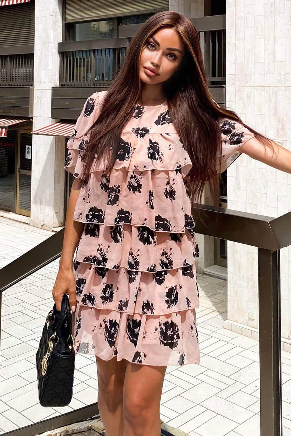 Dusty Pink Floral Printed Tiered Dress