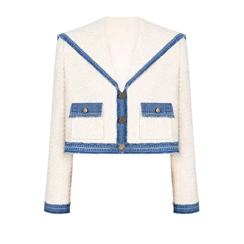 Elegant Short Sailor Collar Patchwork Pockets Pant , Coat