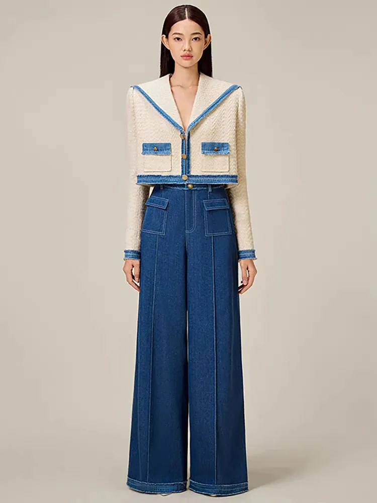 Elegant Short Sailor Collar Patchwork Pockets Pant , Coat