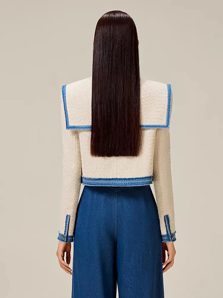 Elegant Short Sailor Collar Patchwork Pockets Pant , Coat