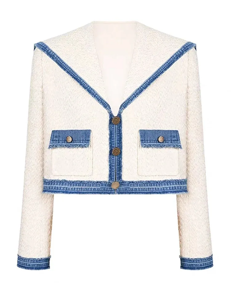 Elegant Short Sailor Collar Patchwork Pockets Pant , Coat