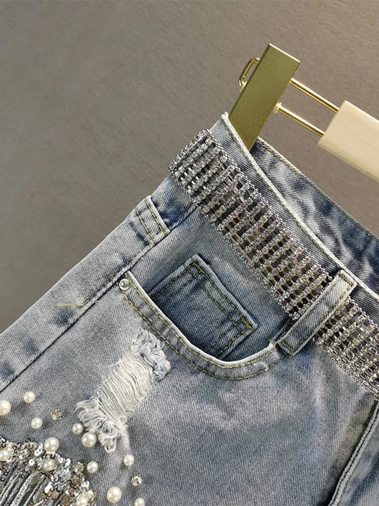 Elegant Wide Leg Denim Shorts Tassel Beading High Waist Casual Women's Shorts