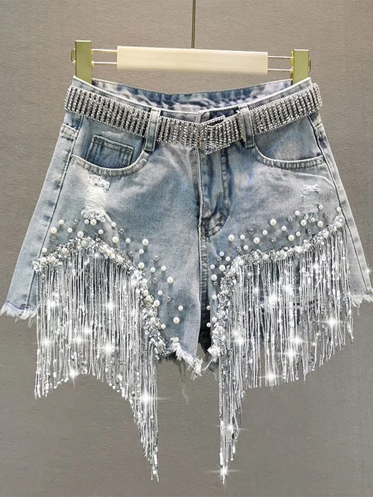 Elegant Wide Leg Denim Shorts Tassel Beading High Waist Casual Women's Shorts