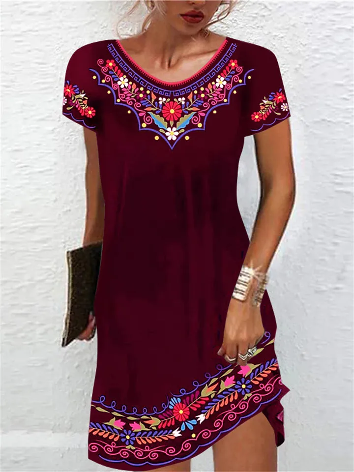 Floral Printed Short Sleeve Round Neck Dresses