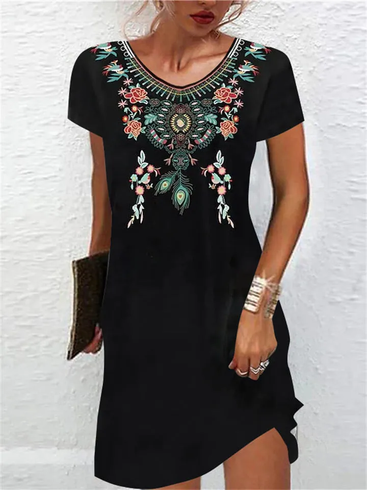 Floral Printed Short Sleeve Round Neck Dresses