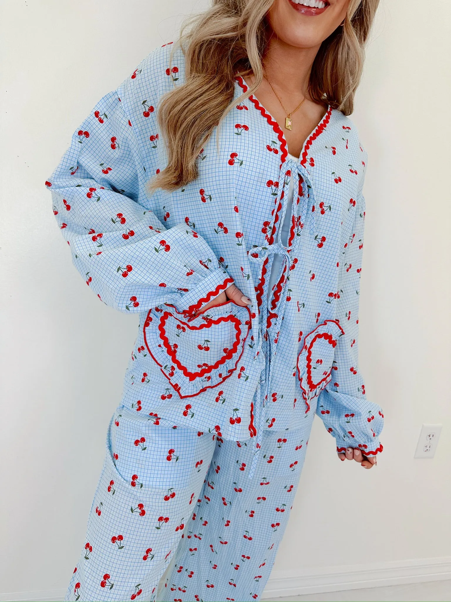 Georgie Gingham & Cherry Wide Leg Lounge Set - Blue