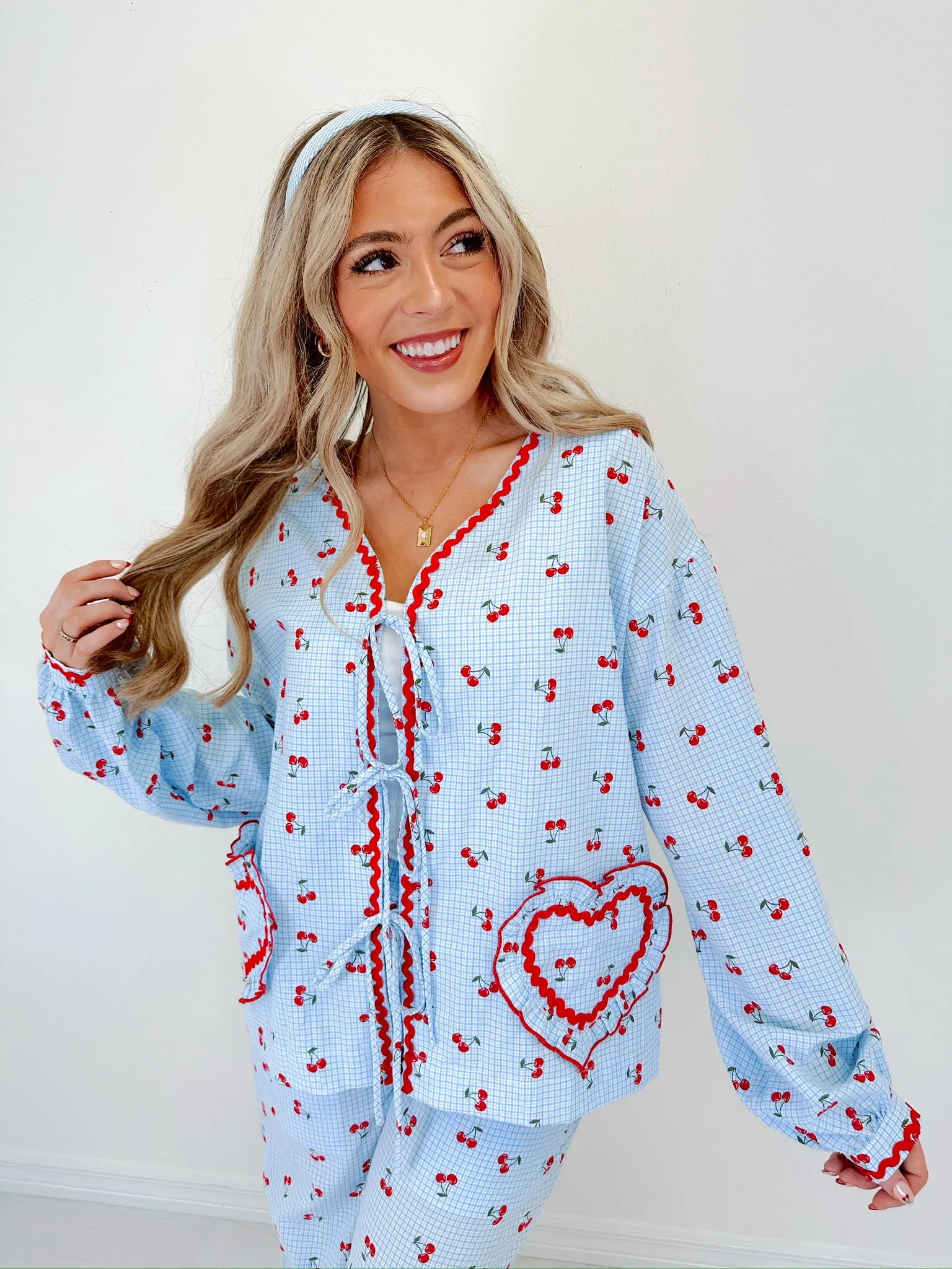 Georgie Gingham & Cherry Wide Leg Lounge Set - Blue