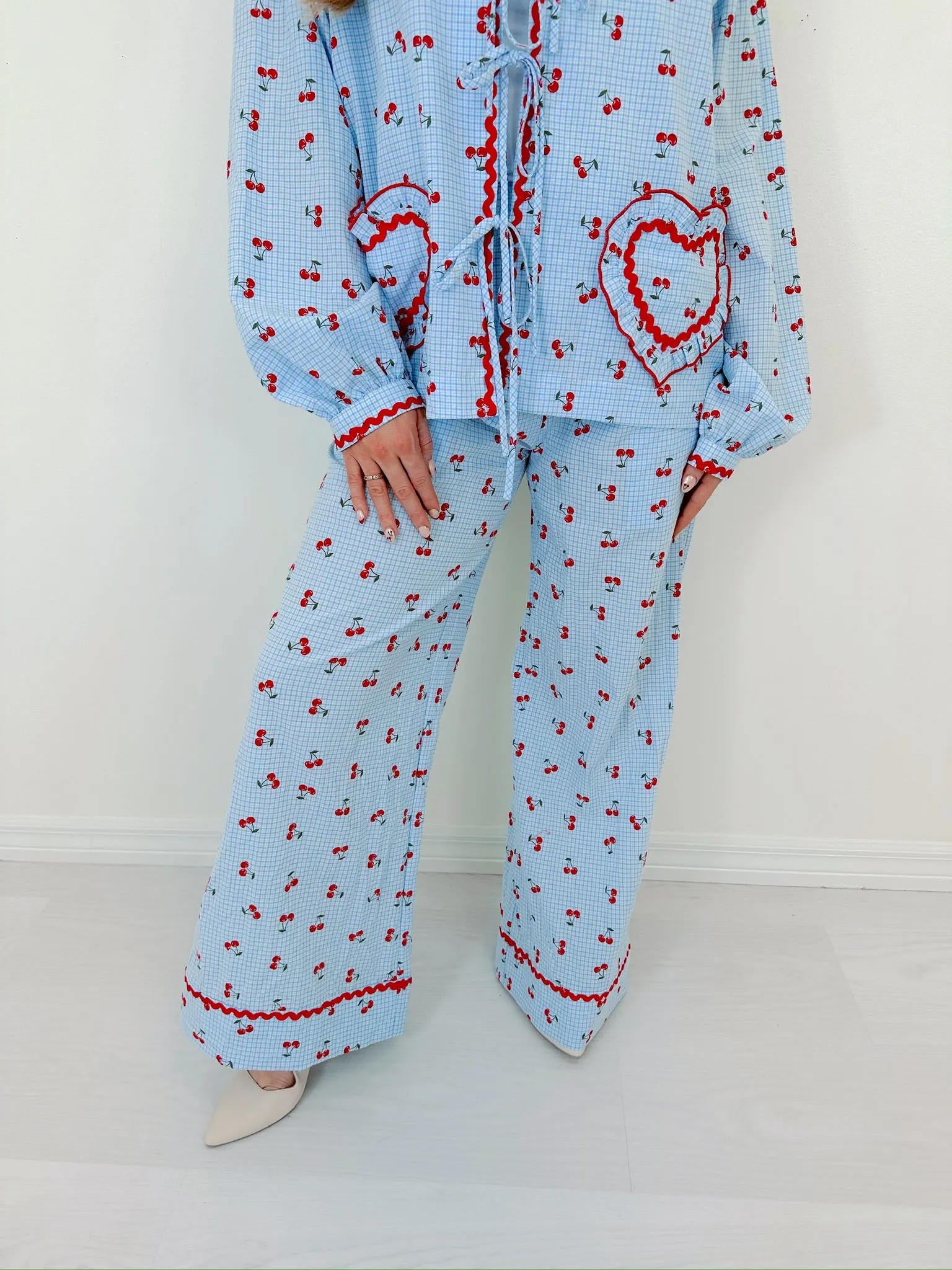 Georgie Gingham & Cherry Wide Leg Lounge Set - Blue