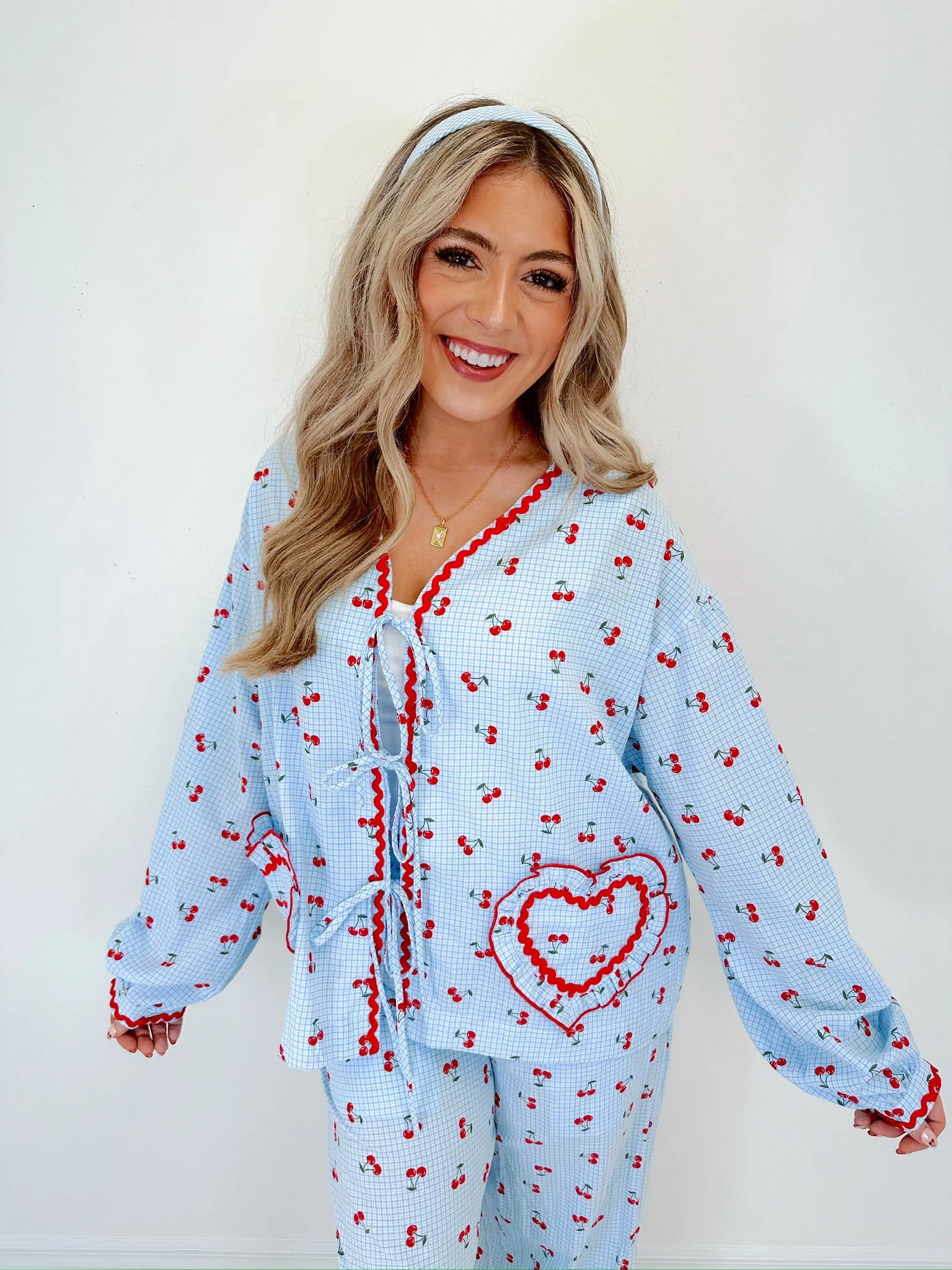 Georgie Gingham & Cherry Wide Leg Lounge Set - Blue