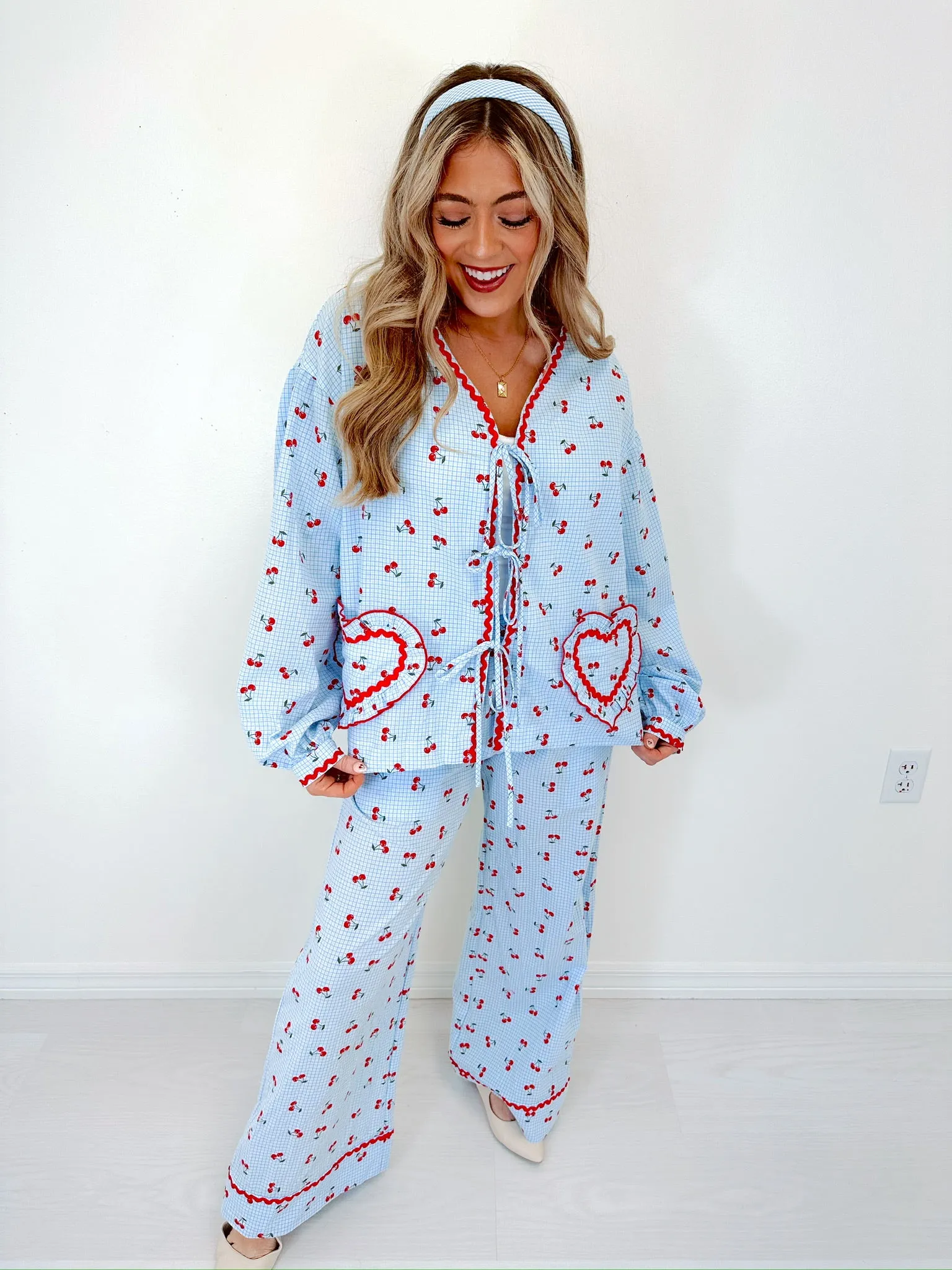 Georgie Gingham & Cherry Wide Leg Lounge Set - Blue