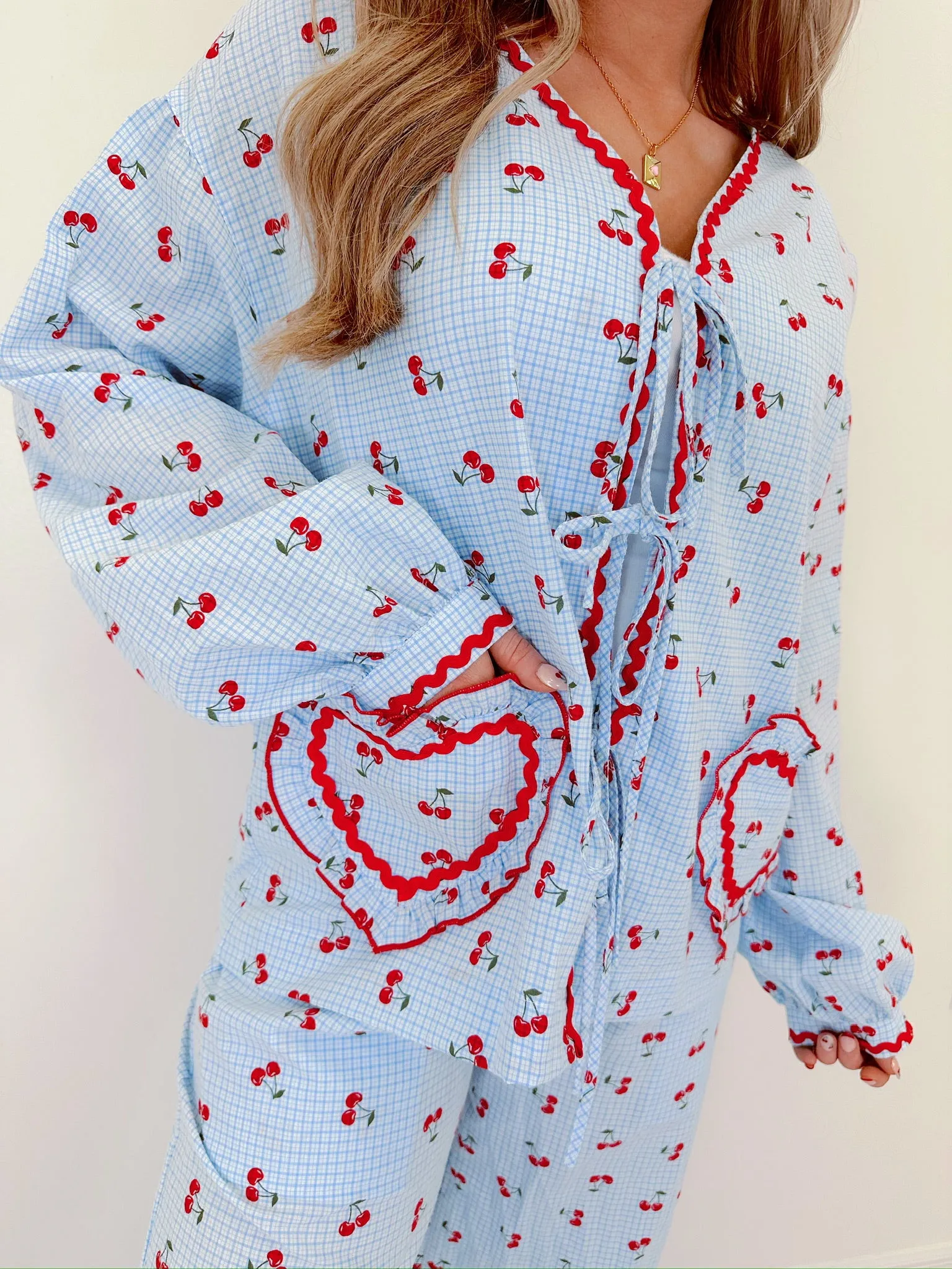 Georgie Gingham & Cherry Wide Leg Lounge Set - Blue