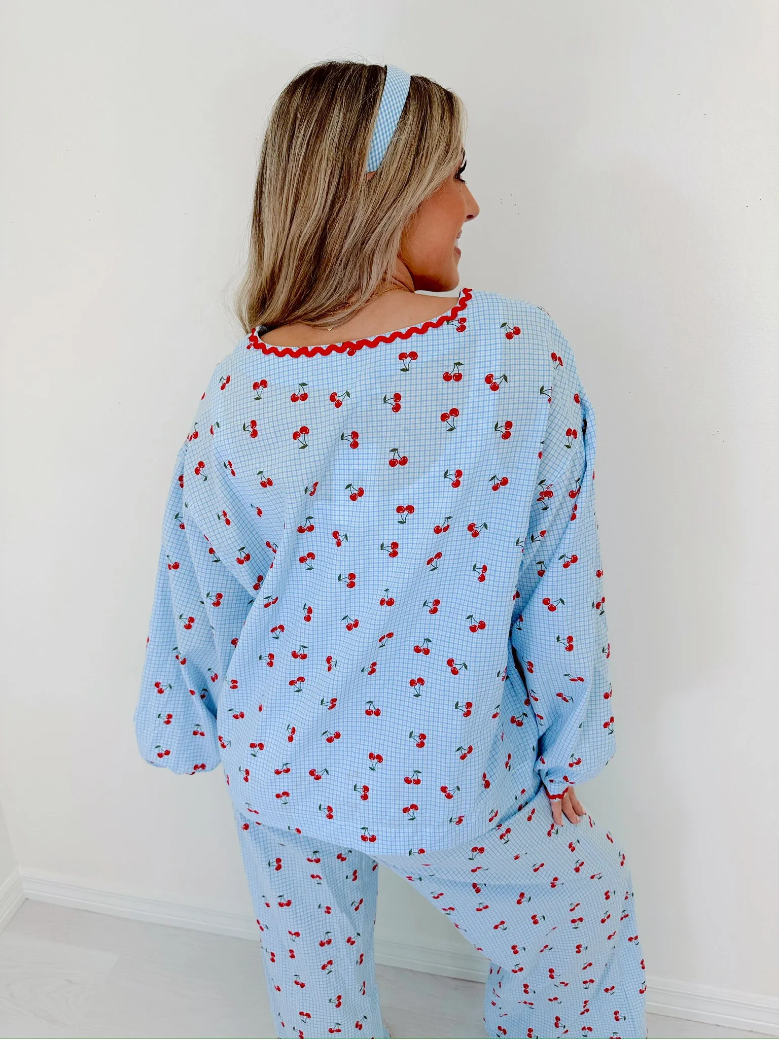 Georgie Gingham & Cherry Wide Leg Lounge Set - Blue