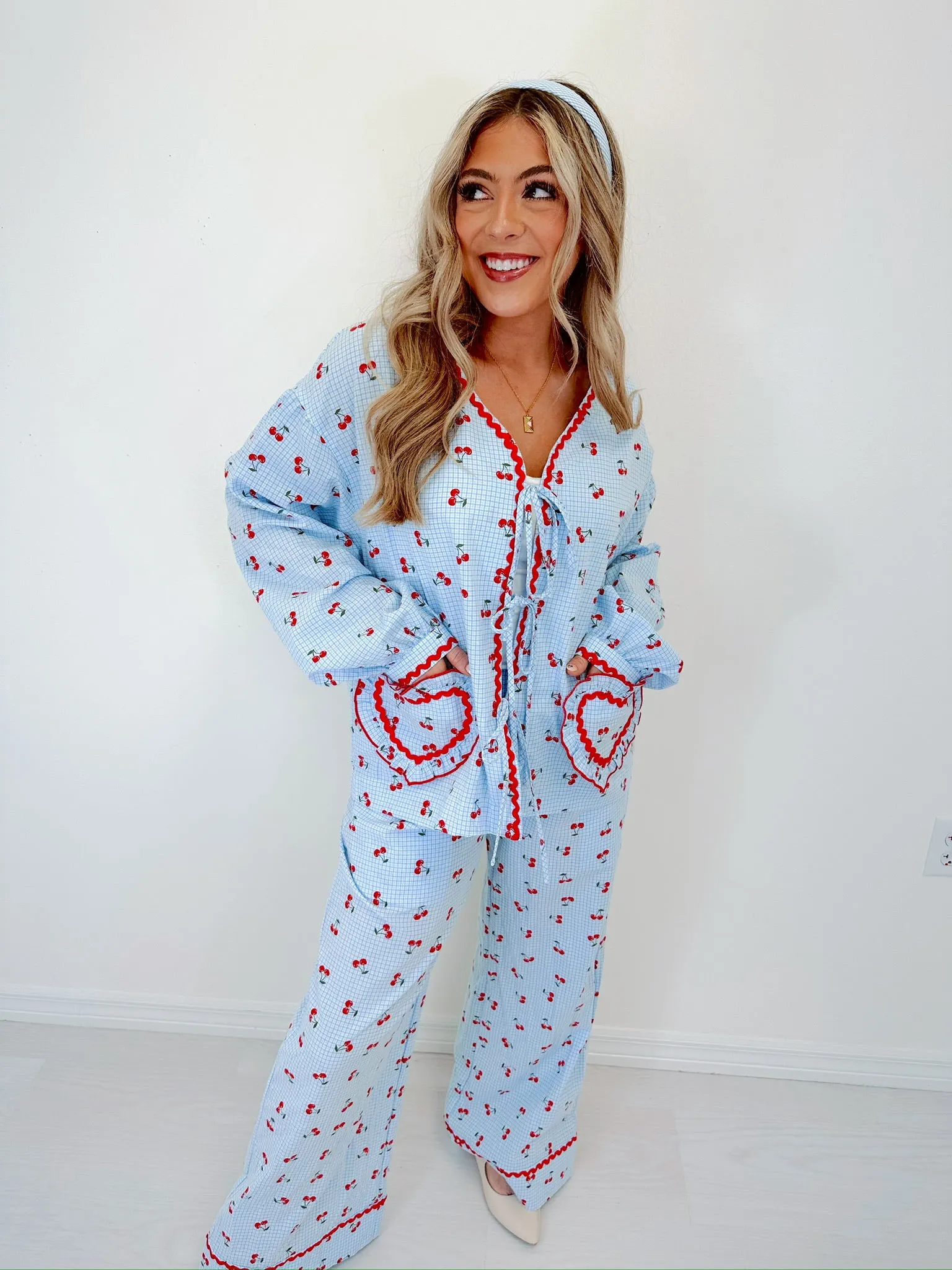 Georgie Gingham & Cherry Wide Leg Lounge Set - Blue