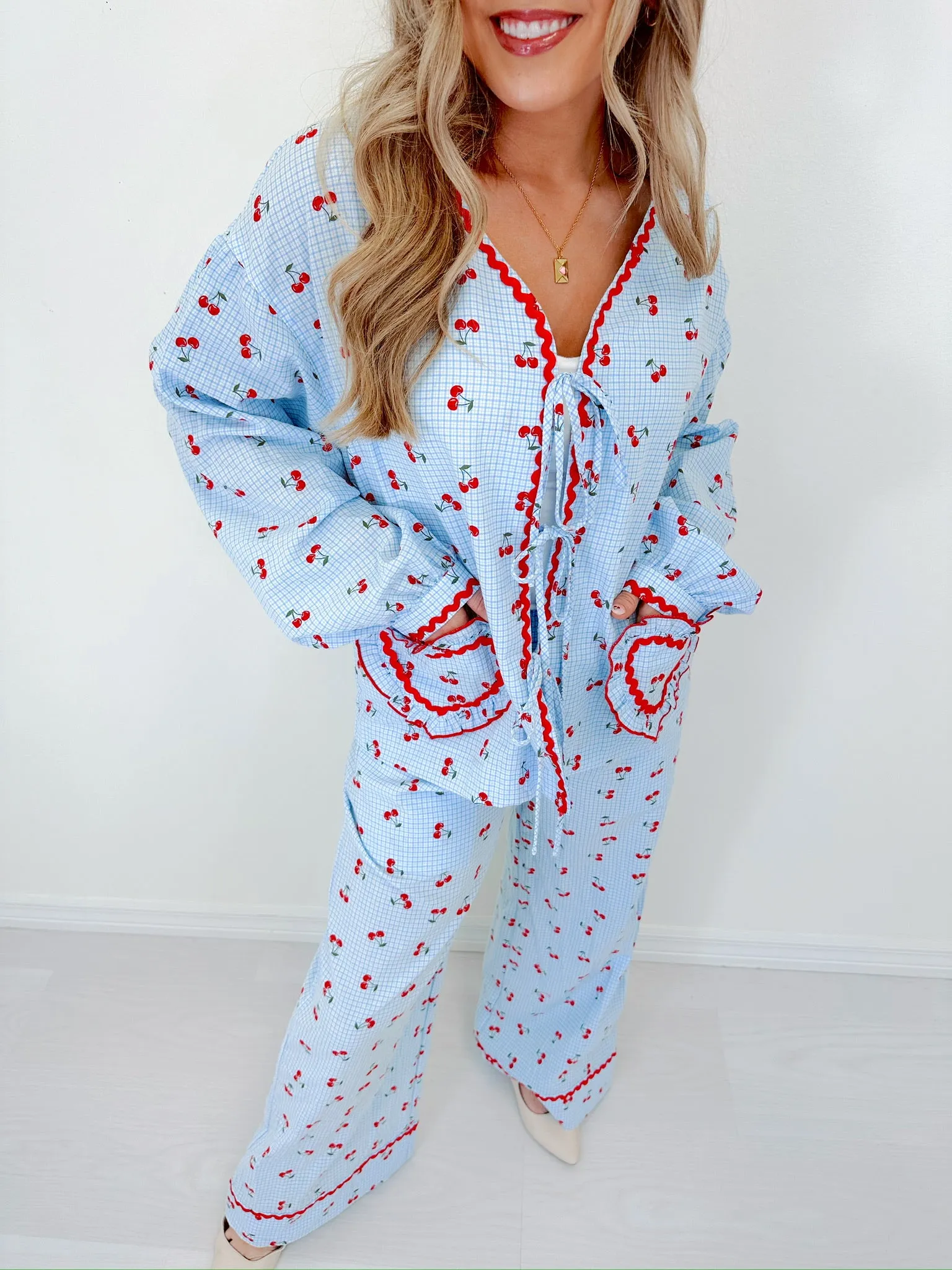 Georgie Gingham & Cherry Wide Leg Lounge Set - Blue