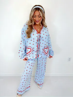 Georgie Gingham & Cherry Wide Leg Lounge Set - Blue
