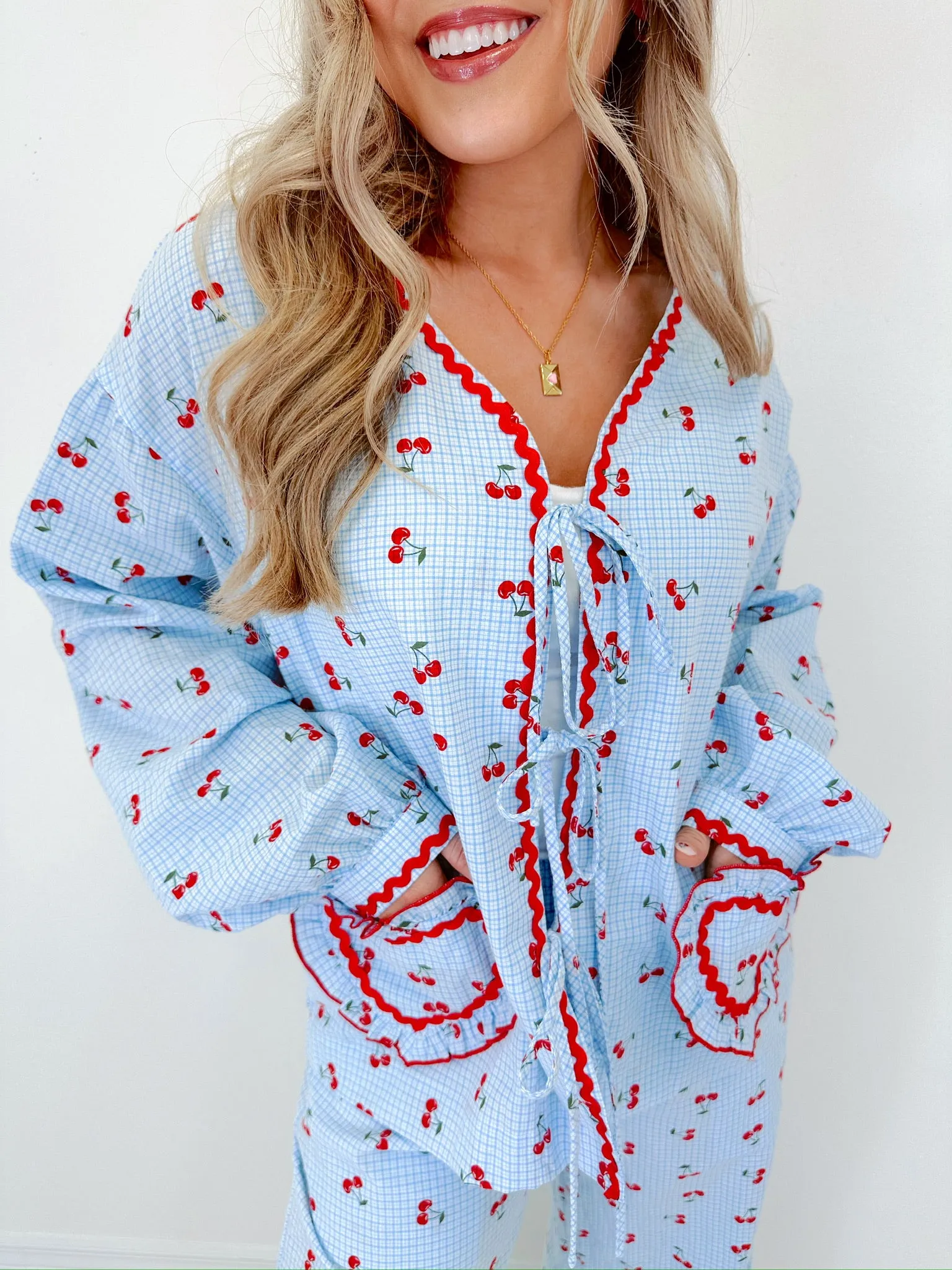 Georgie Gingham & Cherry Wide Leg Lounge Set - Blue