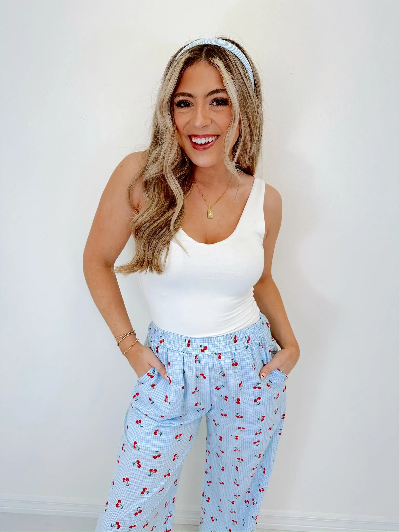 Georgie Gingham & Cherry Wide Leg Lounge Set - Blue