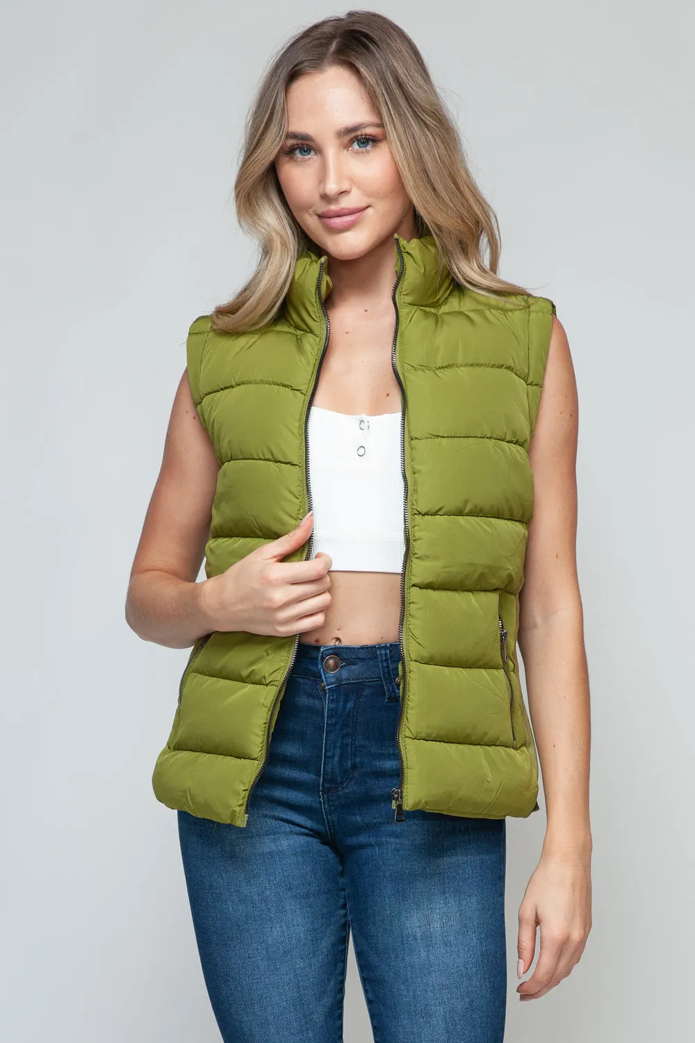 Green Zip Up Turtleneck Vest with Pockets
