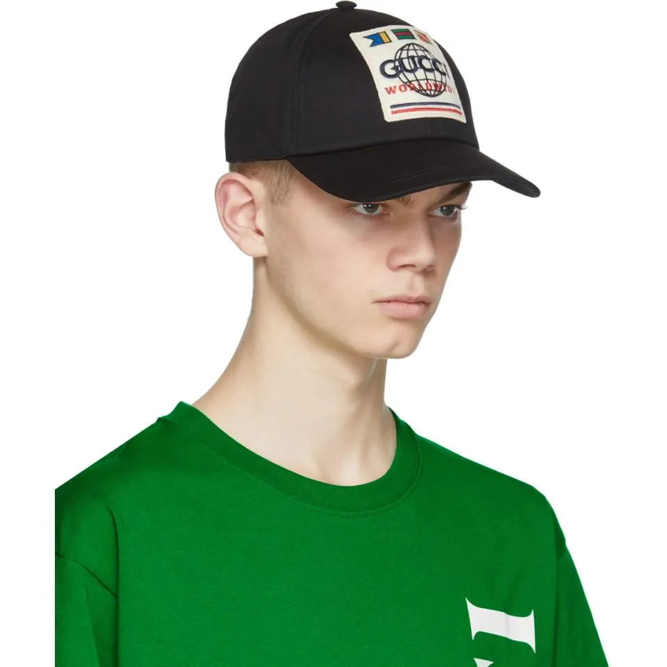 Gucci Worldwide Patch Canvas Baseball Cap in Black
