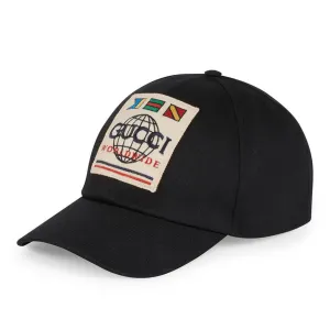 Gucci Worldwide Patch Canvas Baseball Cap in Black