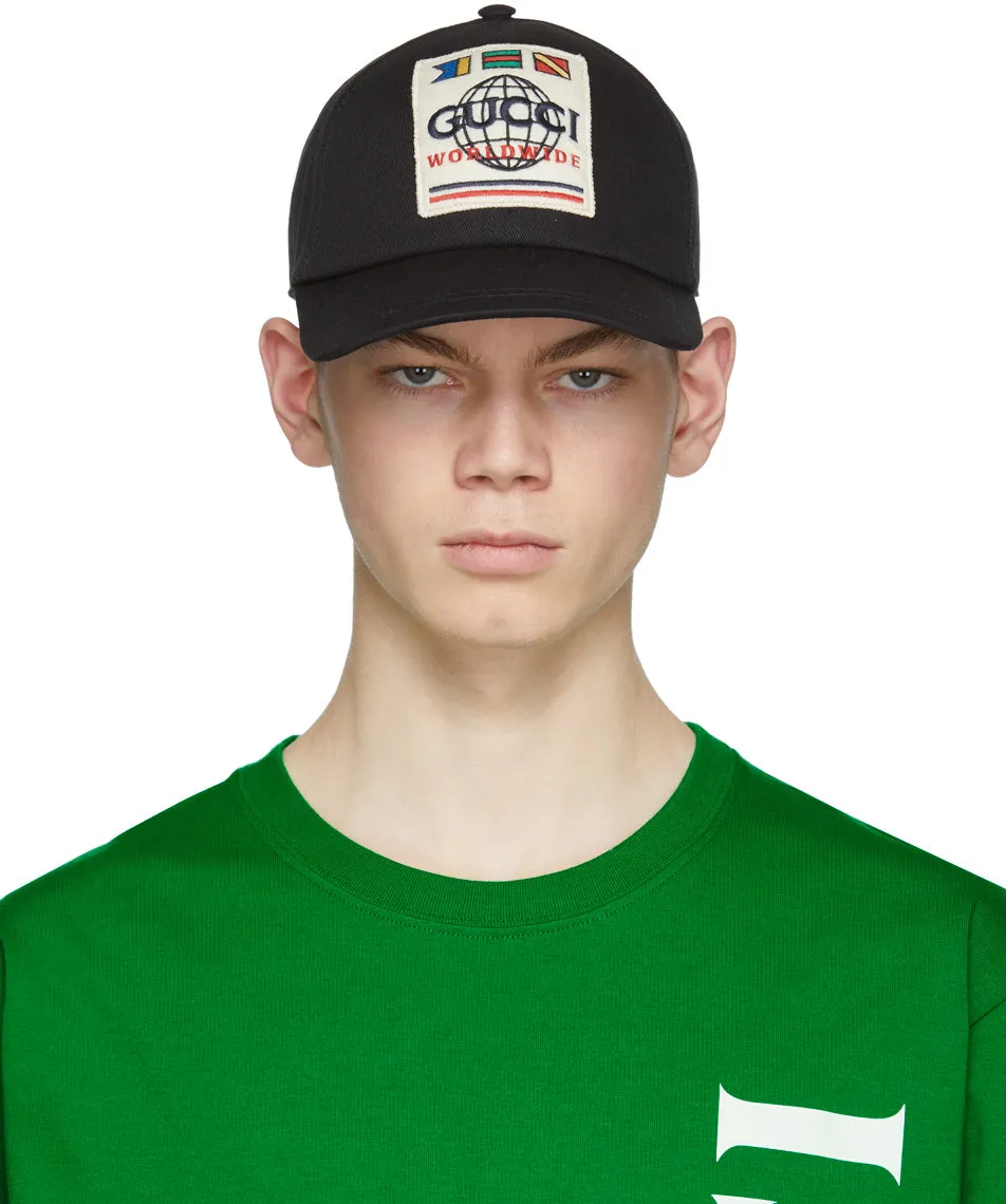 Gucci Worldwide Patch Canvas Baseball Cap in Black