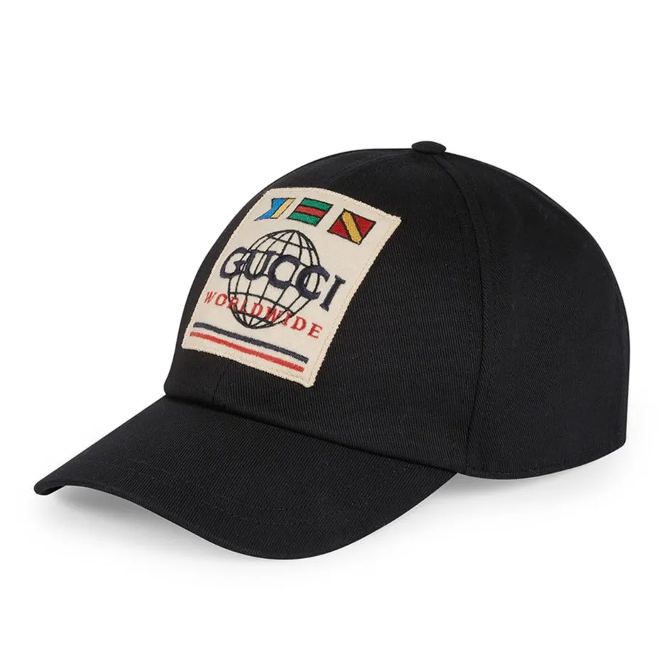 Gucci Worldwide Patch Canvas Baseball Cap in Black