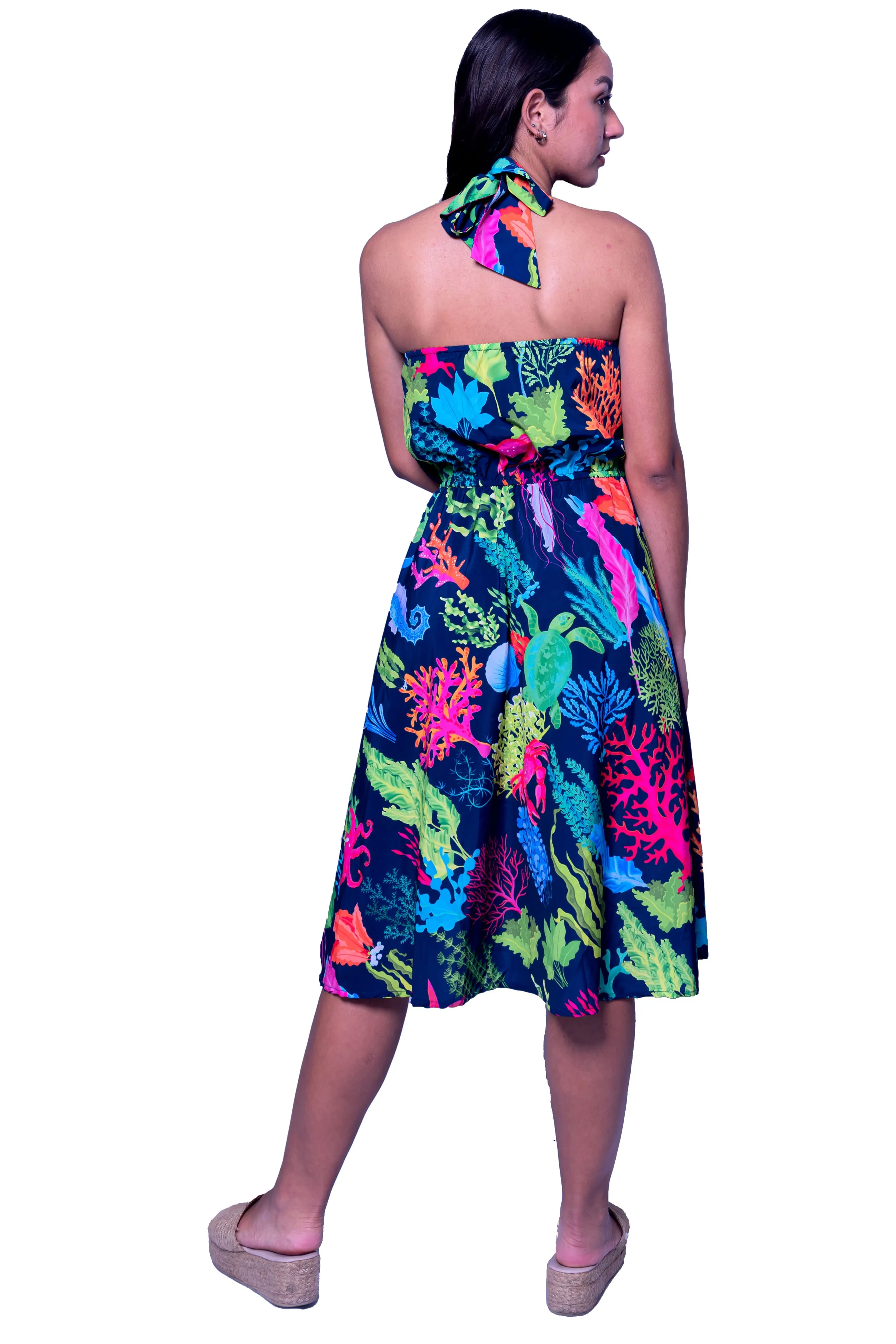 Halter Neck Sea themed Multi Printed Frock style Dress - Navy