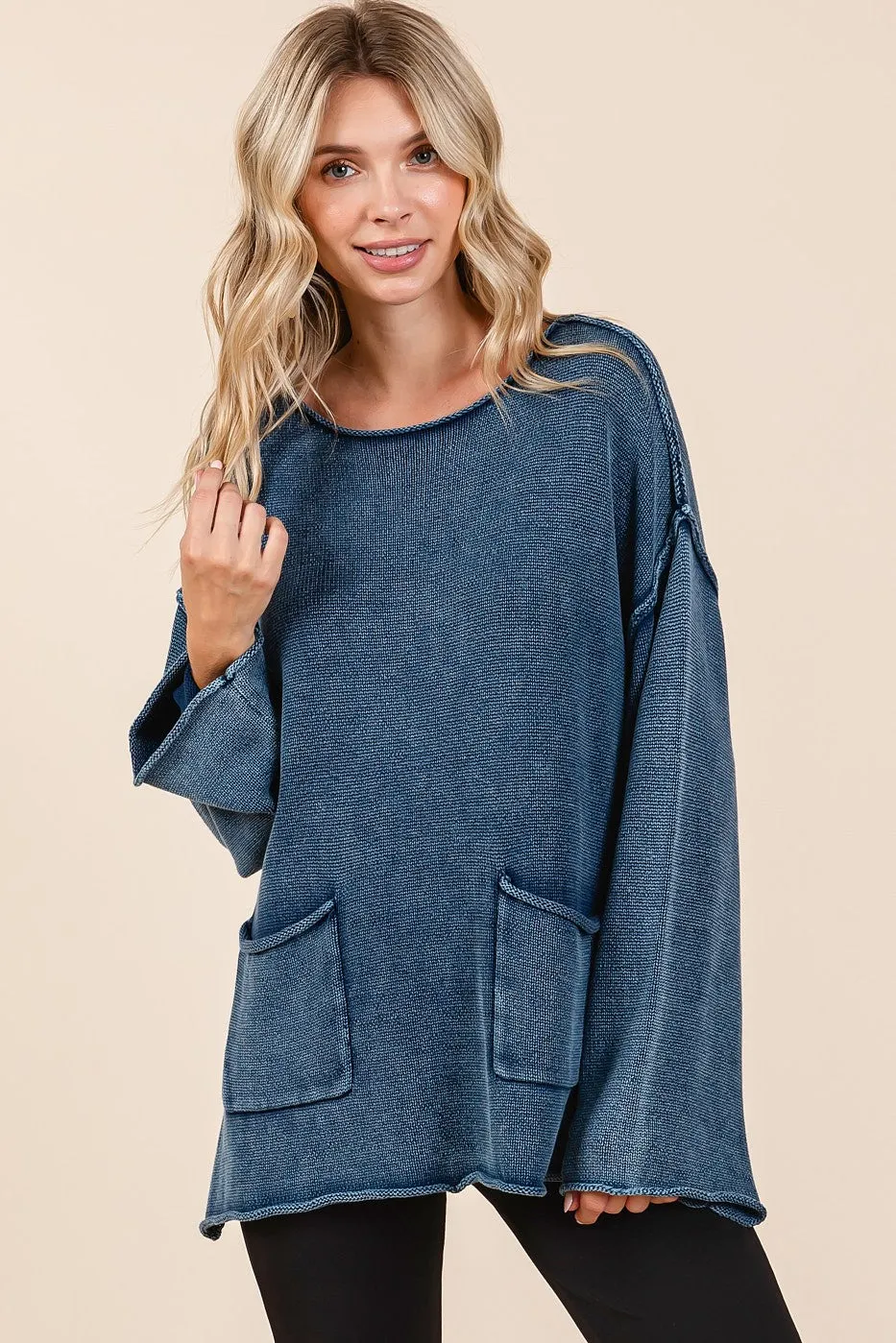 Hazel Blues® |  Mittoshop Mineral Wash Patch Pocket Cut Edge Sweater