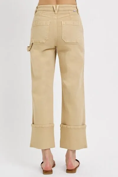 Hazel Blues® | RISEN High Rise Wide Straight Cuffed Patch Jeans