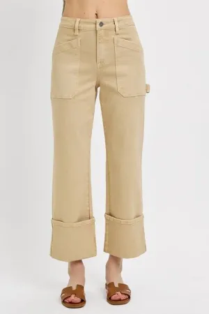Hazel Blues® | RISEN High Rise Wide Straight Cuffed Patch Jeans