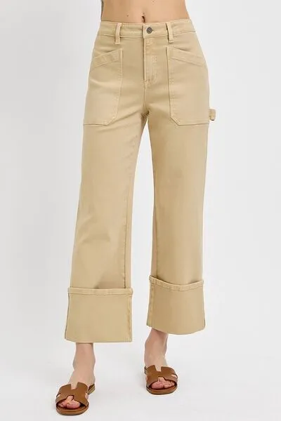 Hazel Blues® | RISEN High Rise Wide Straight Cuffed Patch Jeans